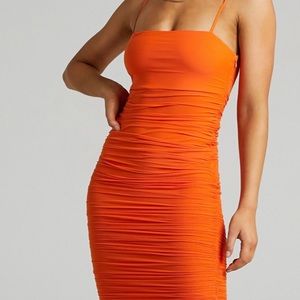 COMING FOR YOU MESH MIDI DRESS IN BURNT ORANGE